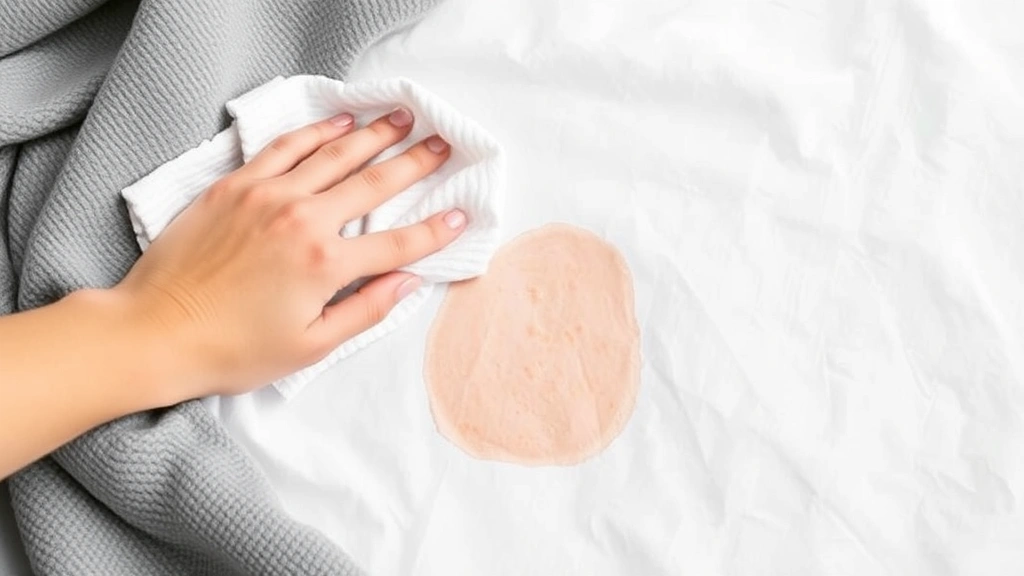 Person gently blotting a fresh stain on a gray weighted blanket with a white cloth over a white surface, showing careful stain treatment technique without rubbing