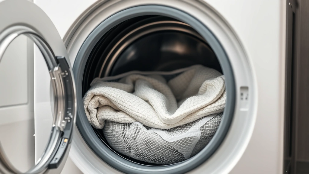 Large capacity washing machine with an open door displaying a weighted blanket inside a mesh laundry bag, ready for gentle cycle washing