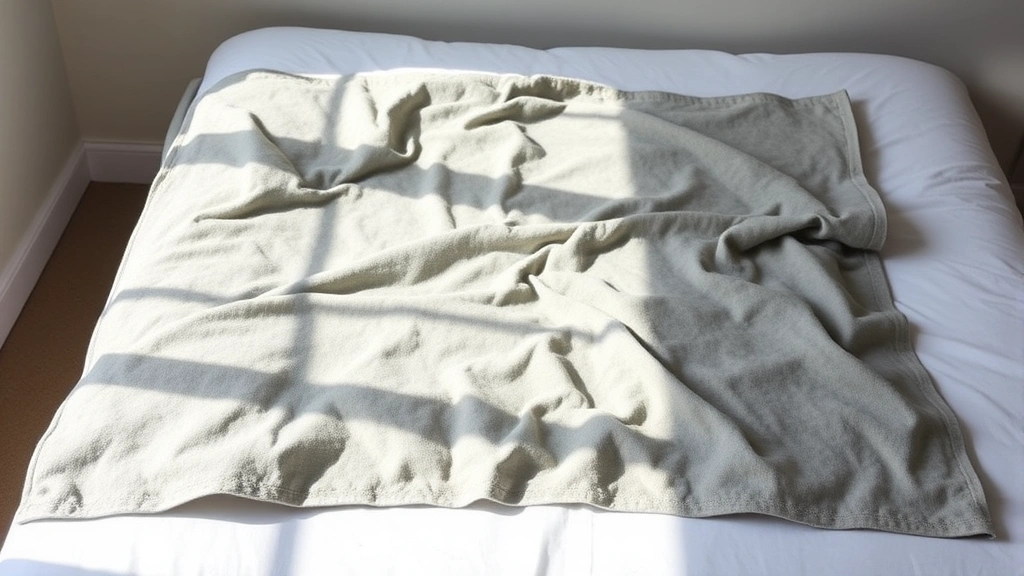 Weighted blanket laid flat on a clean white bed in indirect natural light, partially dried with even distribution of fabric showing proper air-drying method