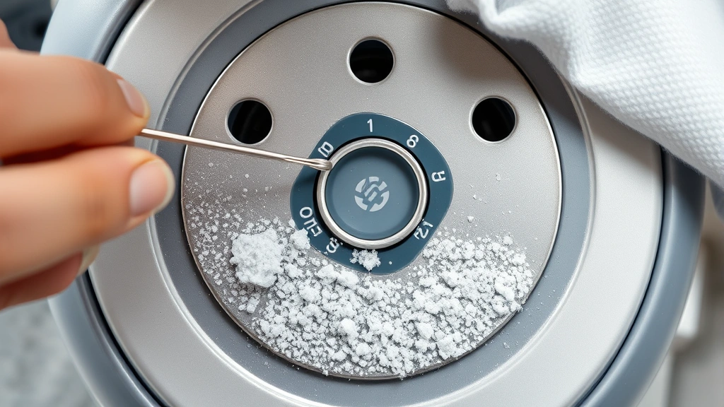 Overhead view of an iron's soleplate showing steam vents being carefully cleaned with a straightened paperclip to remove white mineral deposits, with a damp cloth nearby for wiping