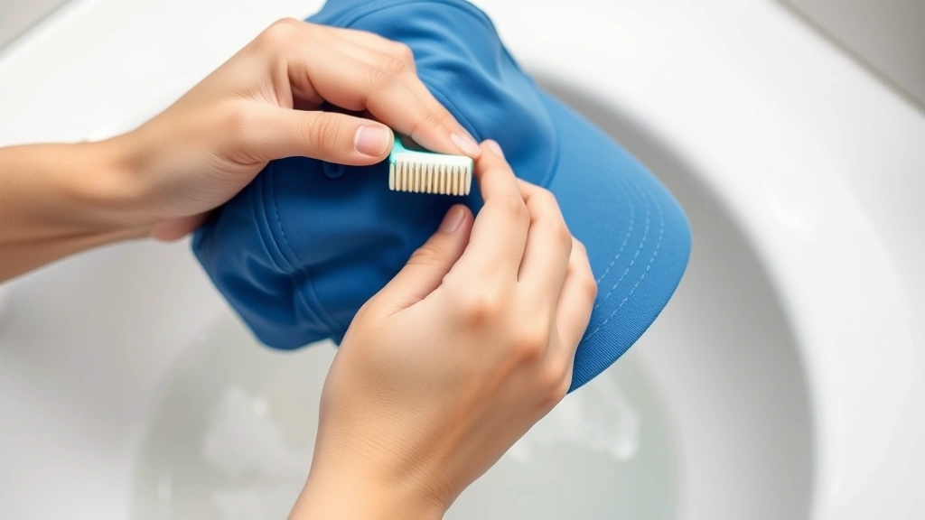 Close-up of hands gently scrubbing a blue baseball cap with a soft-bristled toothbrush over a sink filled with soapy water, showing proper technique and care