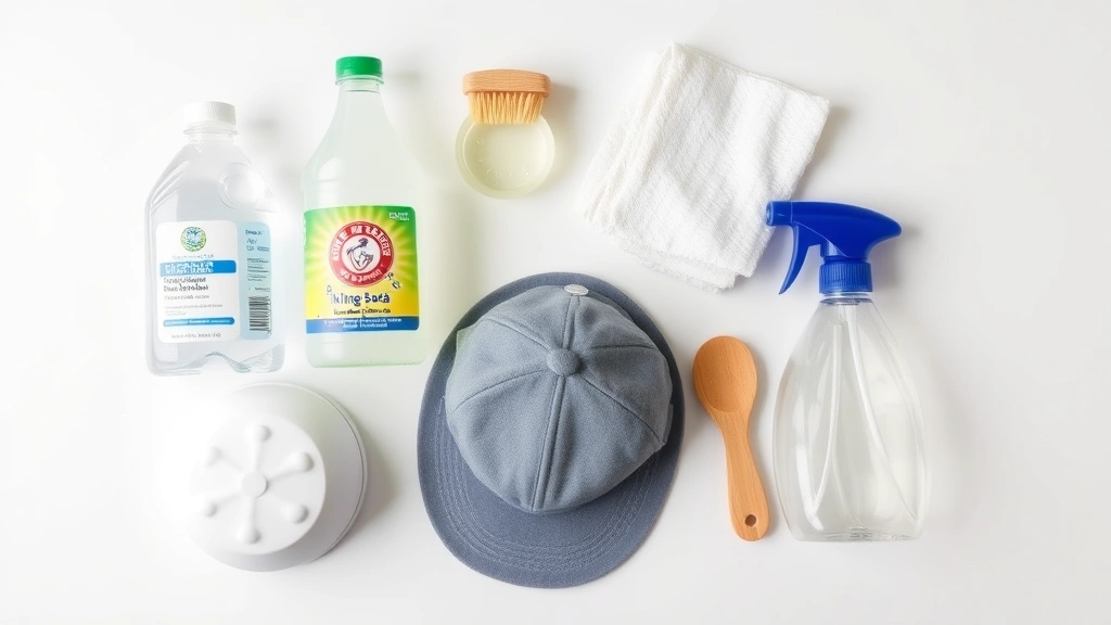 Flat lay of essential cap-cleaning supplies including mild detergent, white vinegar, baking soda, soft brush, clean white cloths, and spray bottle arranged on a white surface