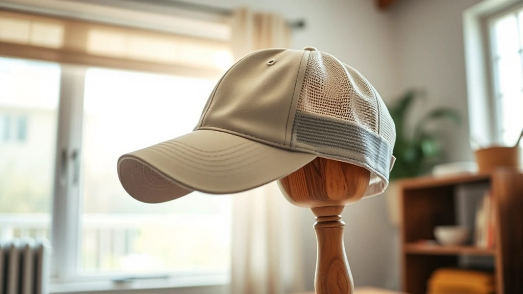 Baseball cap placed on a wooden hat form or stretcher, positioned in a bright well-lit room with natural ventilation, showing proper air-drying setup with morning light streaming through a window