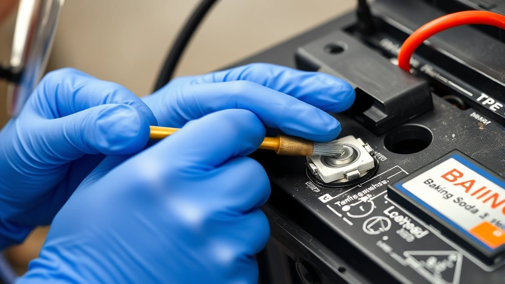 Person wearing blue nitrile gloves and safety glasses using brass wire brush to scrub clean battery terminal, baking soda solution visible, hands-on demonstration