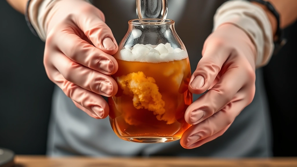 Hands wearing rubber gloves shaking a glass water pipe with cloudy brown liquid inside, showing active cleaning motion with resin residue visible in solution
