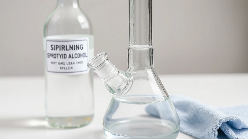 A crystal-clear glass bong after cleaning standing upright next to a bottle of isopropyl alcohol and drying cloth, sparkling clean with no residue visible