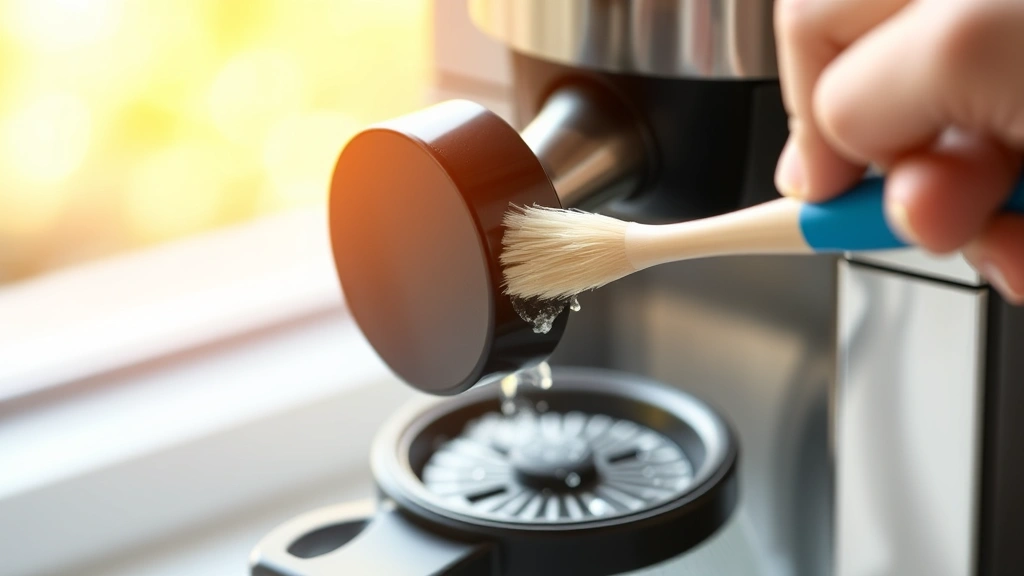 Person using a soft-bristled toothbrush to clean the spray head of a drip coffee maker, showing detailed mineral deposit removal from the dispersion plate, warm natural light