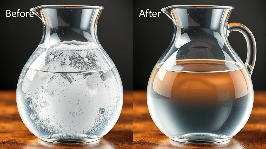 Before and after comparison showing a carafe filled with cloudy water containing dissolved mineral deposits on one side, and a clear clean carafe on the other side, professional product photography style