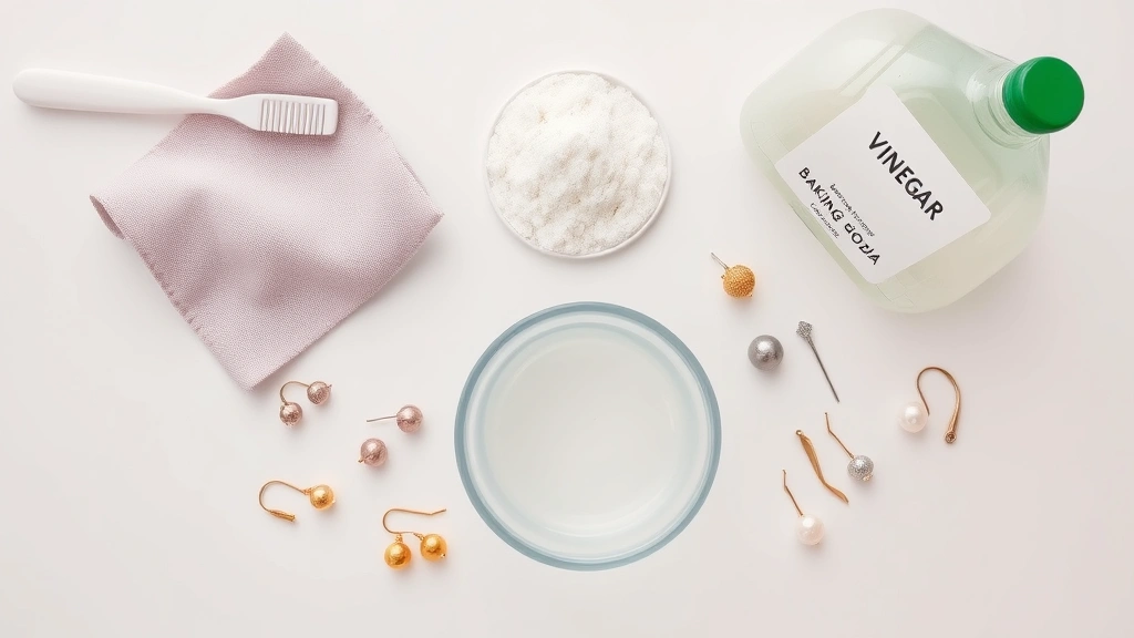 Overhead flat lay of earring cleaning supplies arranged neatly: soft toothbrush, microfiber cloth, white vinegar bottle, baking soda, small glass bowl with soapy water, and various earrings (gold, silver, pearl) on a clean white surface