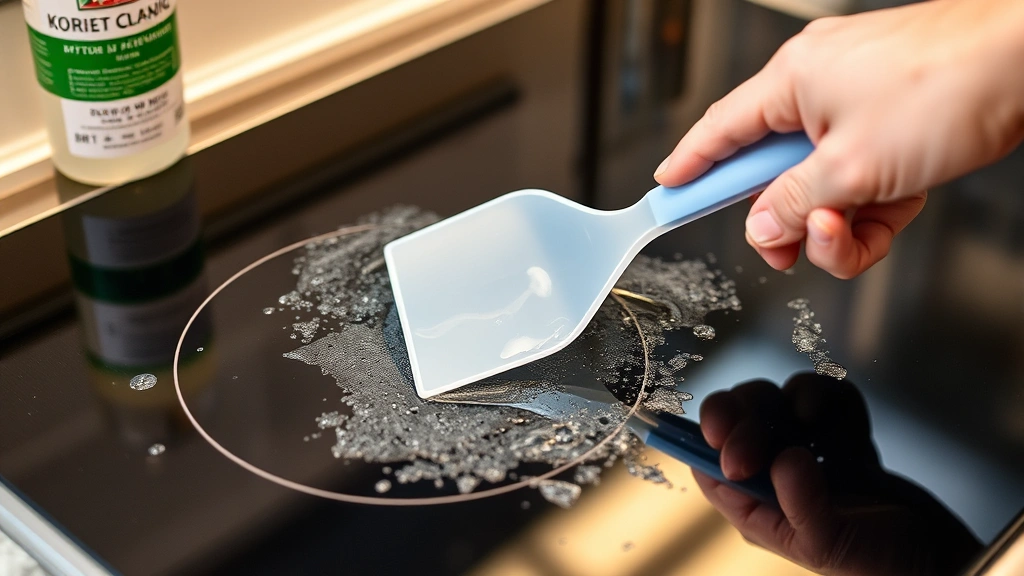 Person using a plastic scraper at 45-degree angle on a glass cooktop surface with water droplets and vinegar solution visible, bright kitchen lighting
