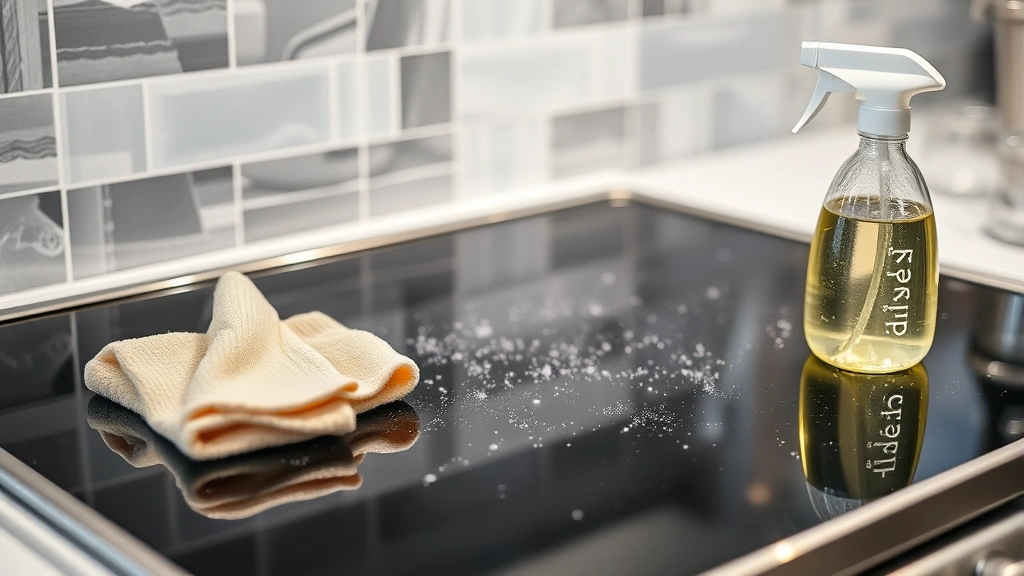 Sparkling clean glass cooktop reflecting kitchen light with microfiber cloth and spray bottle of vinegar solution sitting beside it on the stovetop