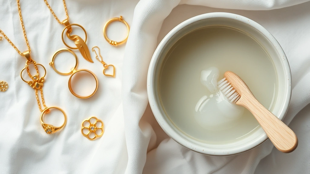 Close-up overhead shot of delicate gold jewelry pieces (rings, necklaces, bracelets) arranged on a soft white cloth next to a small ceramic bowl of soapy water and a soft-bristled toothbrush, ready for cleaning