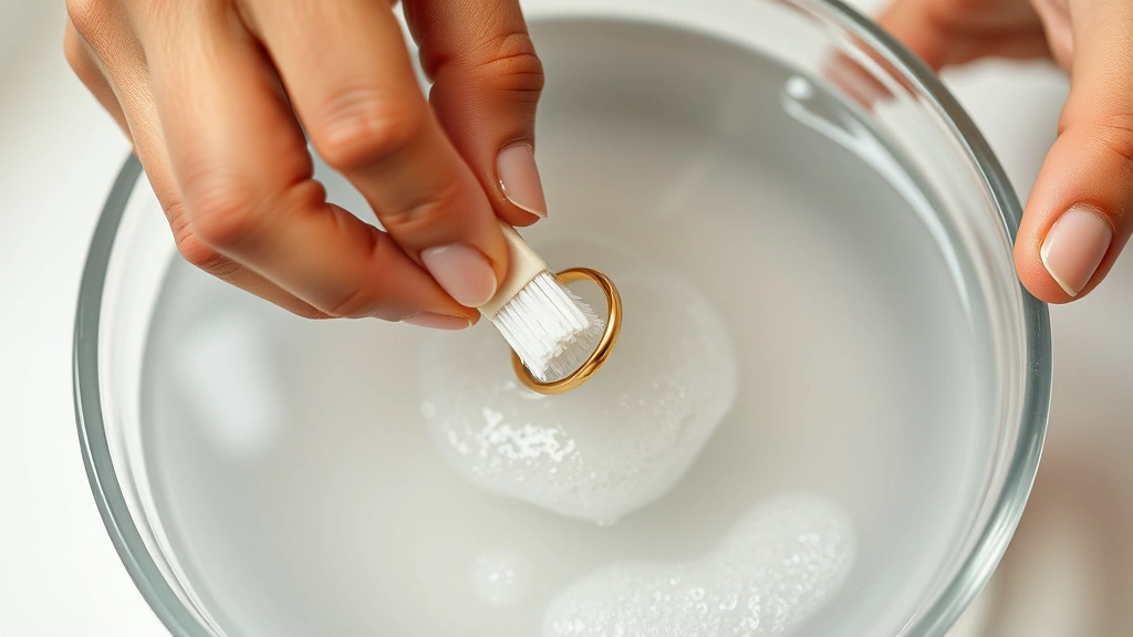 Hands gently scrubbing a gold ring with a soft toothbrush in a bowl of soapy water, showing careful cleaning technique with warm steam rising slightly, professional jewelry care demonstration