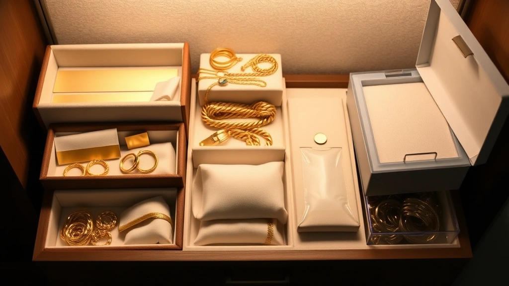 Organized gold jewelry storage setup showing individual compartments with anti-tarnish strips, soft cloth pouches, and sealed storage boxes in a cool, dry location demonstrating proper prevention methods