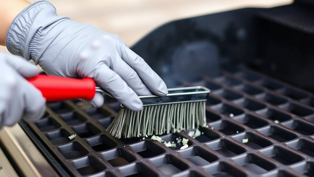 Hands wearing gray rubber gloves using a wire grill brush with red handle to scrub grates in perpendicular motion, demonstrating proper cleaning technique with visible debris being removed