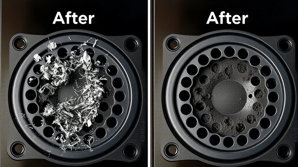 Before and after comparison showing iPhone speaker grille: left side with visible accumulated lint and dust, right side clean and clear, both under bright close-up lighting