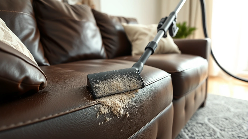 Wide shot of living room with a dark brown leather couch being vacuumed with upholstery attachment, showing dust removal from seams and crevices