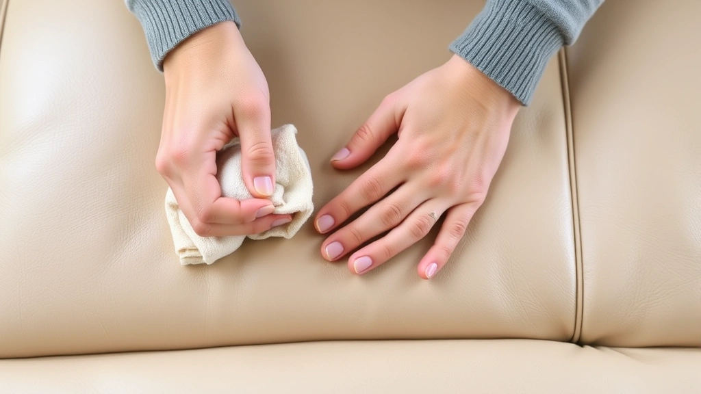Hands applying leather conditioner to a light-colored leather couch with a soft cloth, demonstrating conditioning application in circular motions