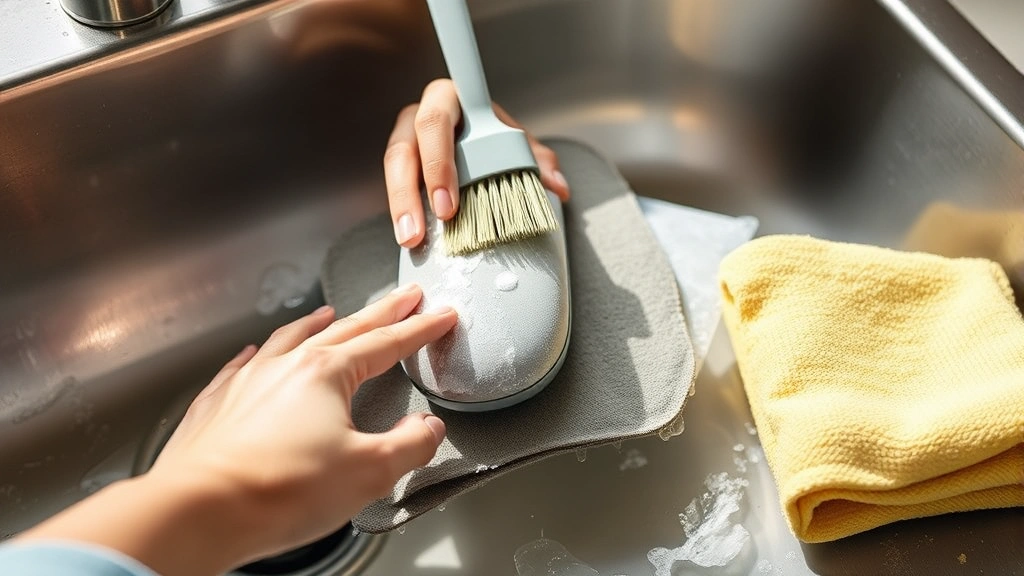Close-up of hands gently scrubbing a fabric mouse pad with a soft-bristled brush over a sink with warm soapy water, microfiber cloth nearby, natural daylight