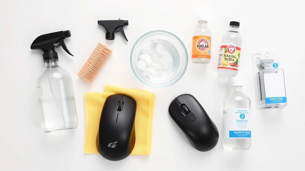Flat lay of mouse pad cleaning supplies arranged on white surface: spray bottle, soft brush, microfiber cloth, bowl of water, baking soda, vinegar bottle, isopropyl alcohol