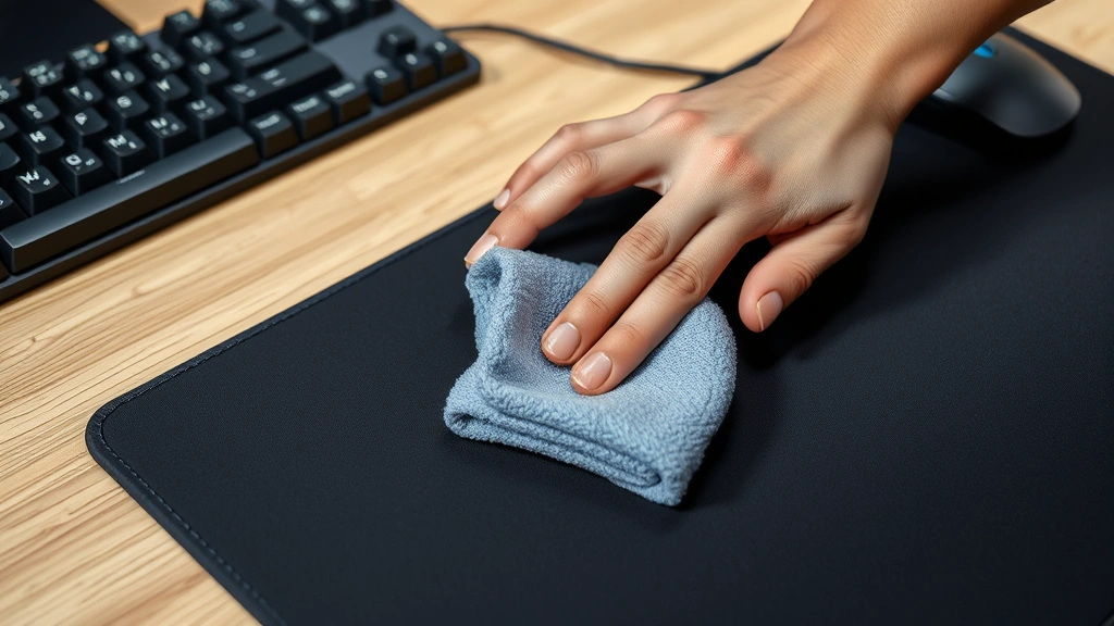 Person wiping a hard plastic gaming mouse pad with microfiber cloth after cleaning, pad placed on desk next to mechanical keyboard, clean workspace setting