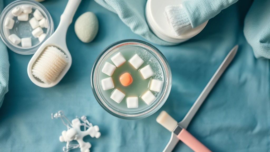 Overhead view of night guard soaking in glass cup with denture tablet solution fizzing, surrounded by cleaning supplies including soft brush and mild soap