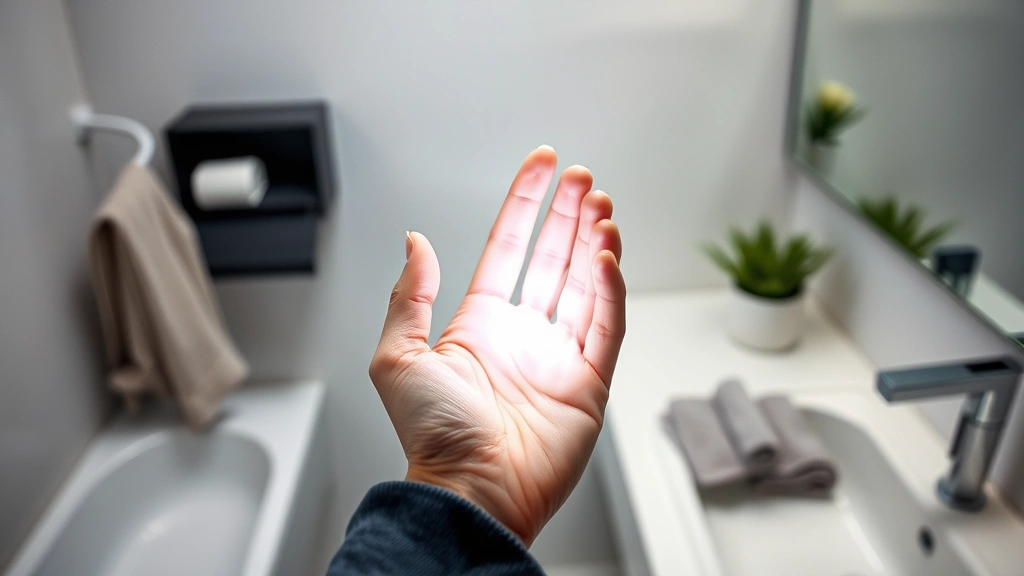 Person's hand holding transparent night guard up to light showing clarity and cleanliness, with storage case and dry cloth nearby on bathroom counter