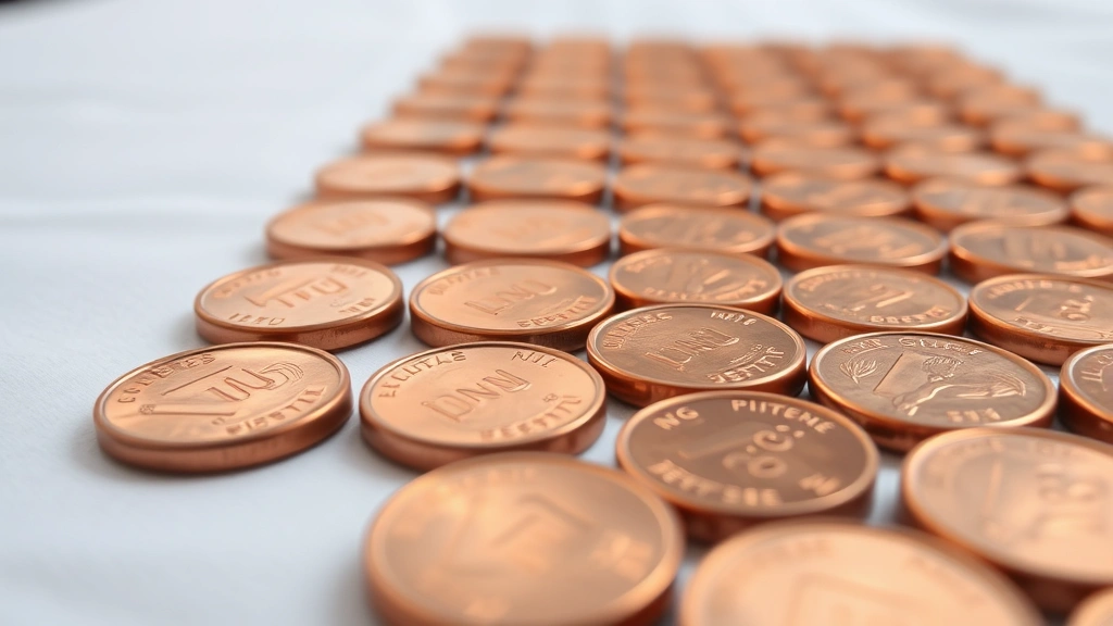 Close-up of shiny copper pennies arranged in rows on a clean white cloth, showing reflective surfaces and bright copper color, professional macro photography