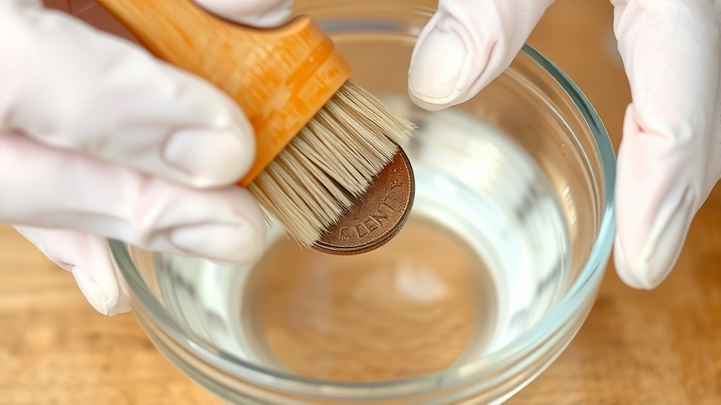 Hands wearing white cotton gloves gently scrubbing a tarnished penny with a soft-bristled brush over a glass bowl containing clear liquid solution, detailed action shot