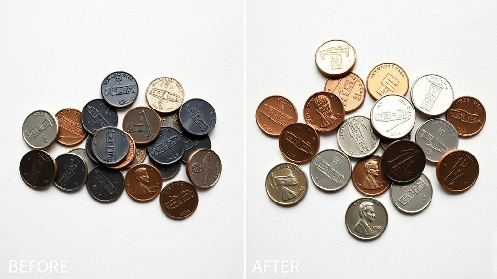 Before and after comparison display: left side shows dark oxidized pennies, right side shows gleaming polished pennies, arranged on neutral background with clear contrast
