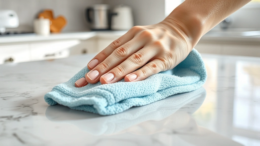 Close-up of hands wiping quartz countertop with soft microfiber cloth and warm soapy water, morning kitchen light, clean surface reflection