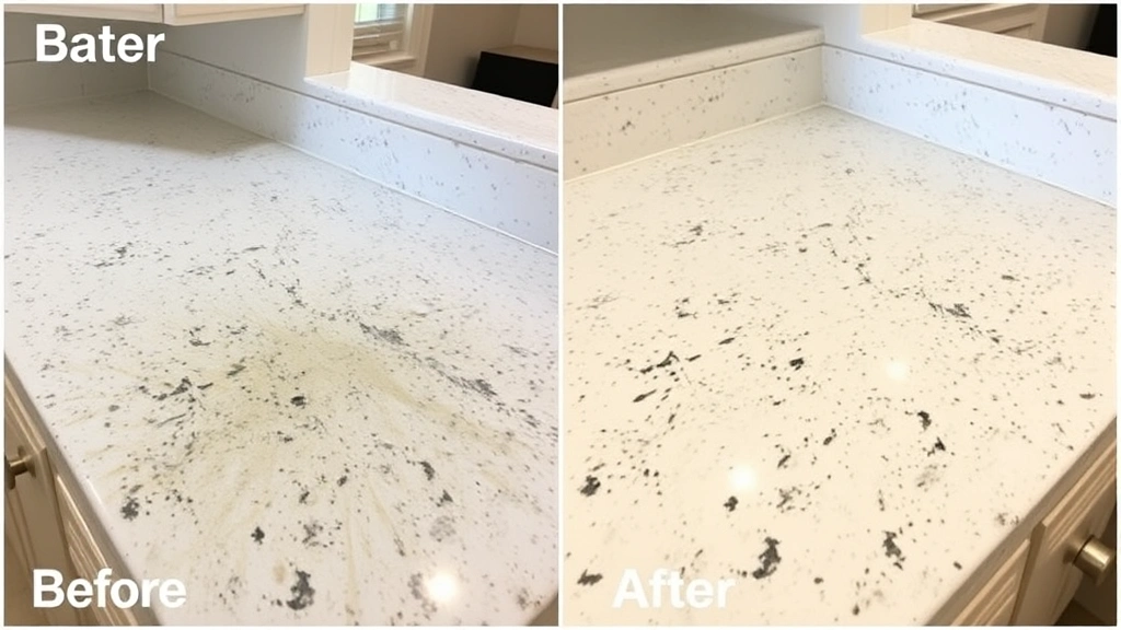 Before and after comparison showing dull quartz countertop with grease film next to sparkling clean quartz after vinegar solution cleaning