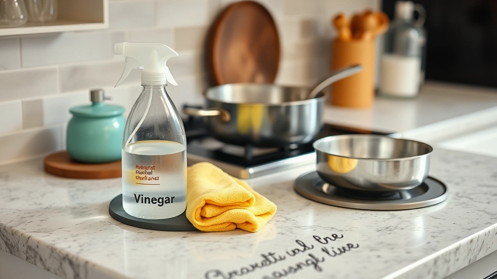 Kitchen countertop scene showing proper cleaning supplies arranged neatly including soft cloths, spray bottle with vinegar solution, and trivets protecting surface from hot cookware