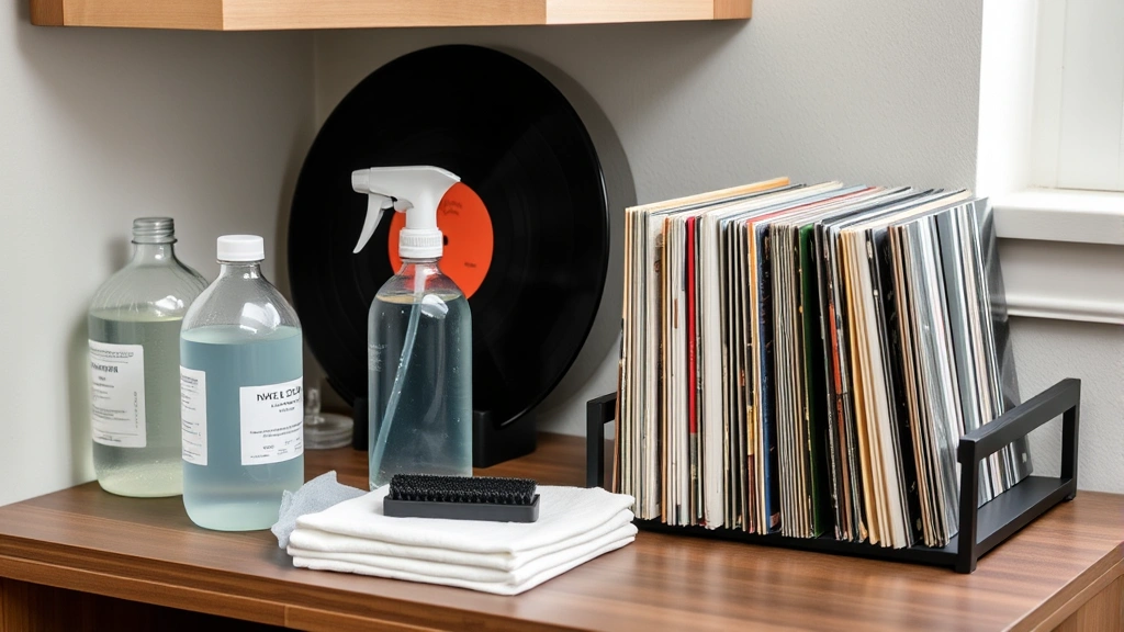 Organized record cleaning station with distilled water bottles, soft cotton cloths, carbon fiber brush, and drying rack with records standing vertically