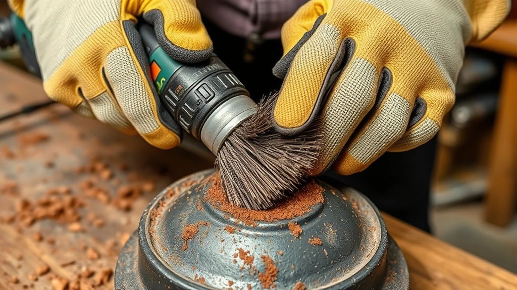 Hands wearing work gloves using a wire brush attachment on a power drill to remove rust from a cast iron surface, showing active rust removal with rust particles visible, workshop setting