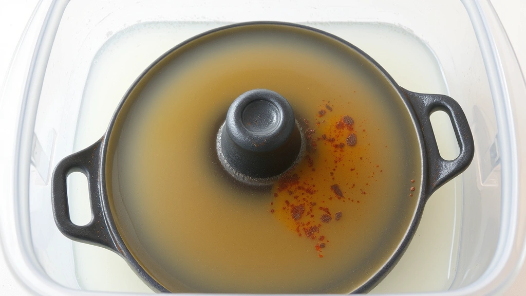 A cast iron Dutch oven submerged in a clear plastic container filled with white vinegar solution, showing the chemical rust removal process mid-way through treatment with visible rust particles in liquid