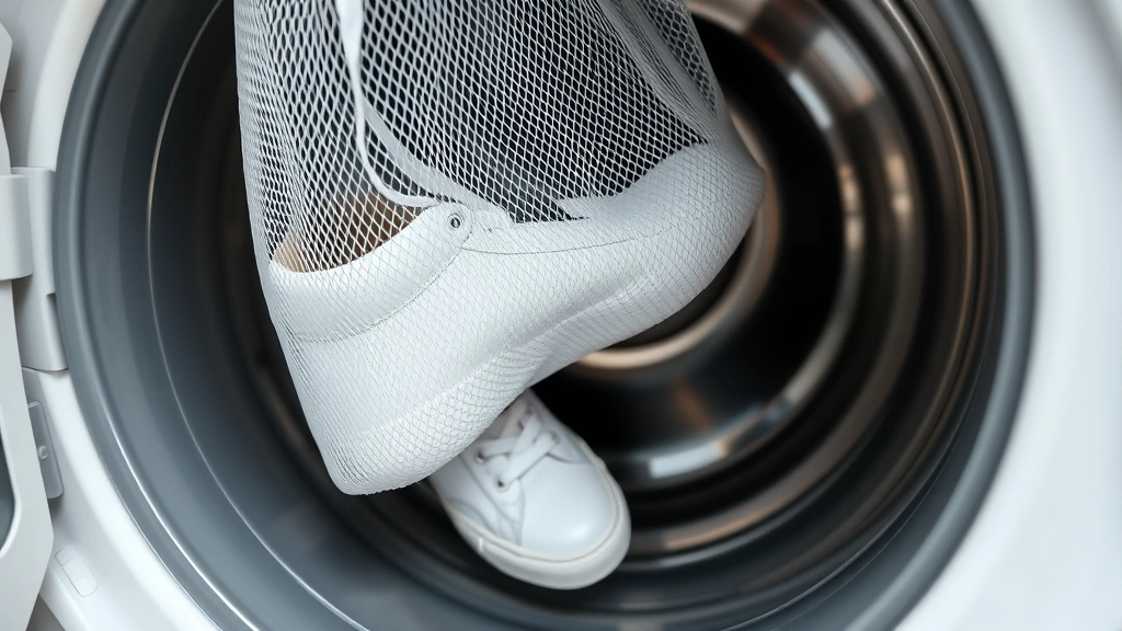 Close-up of mesh laundry bag containing white canvas sneakers being placed into washing machine drum, showing proper shoe positioning and protective containment method