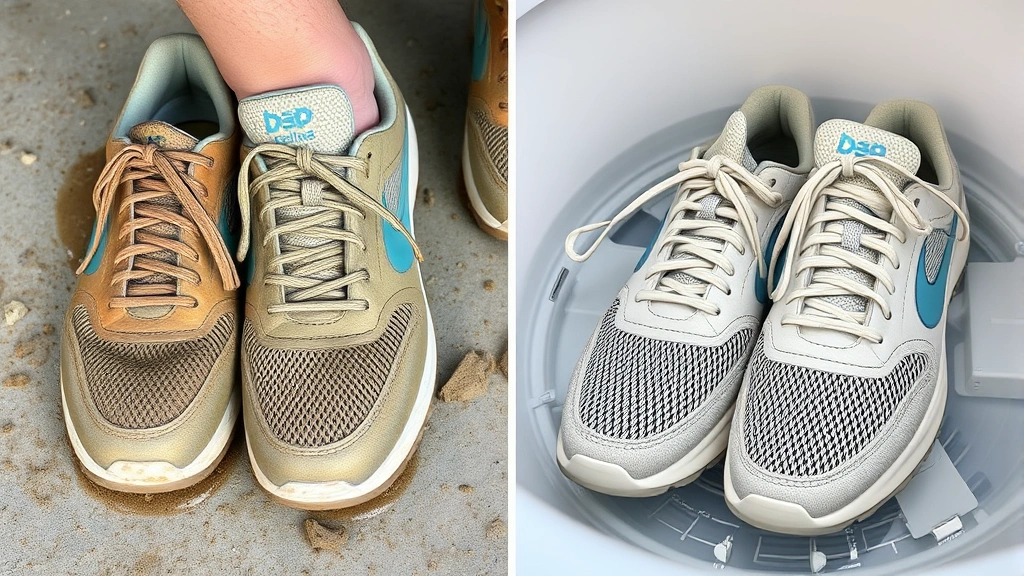 Before and after comparison of dirty muddy athletic shoes next to clean sneakers after machine washing, displaying dramatic cleaning results on mesh and canvas materials