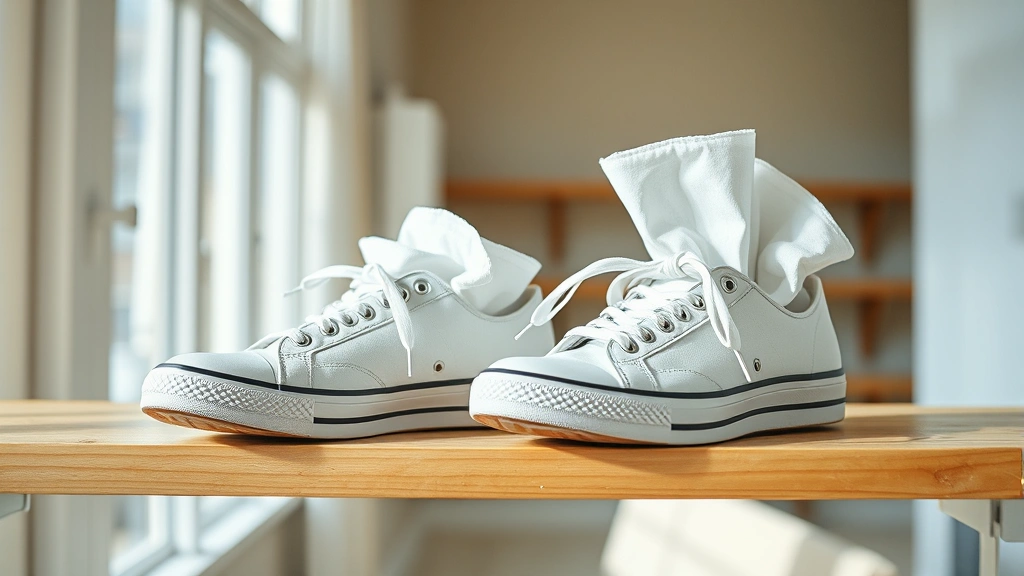 Pair of freshly washed sneakers stuffed with white newspaper towels, sitting on wooden shelf in bright ventilated room with natural light, demonstrating proper air-drying technique