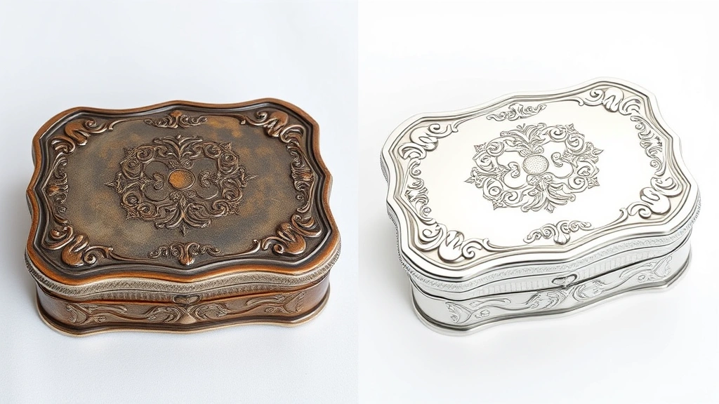 Before and after comparison: left side shows heavily tarnished ornate silver box, right side shows same box gleaming after cleaning, displayed on white background