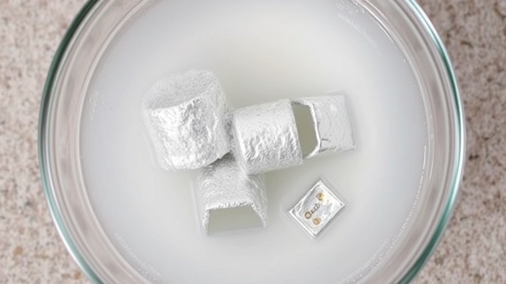 Overhead view of aluminum foil-lined glass bowl filled with hot water and baking soda solution, with tarnished silver items submerged, showing fizzing reaction