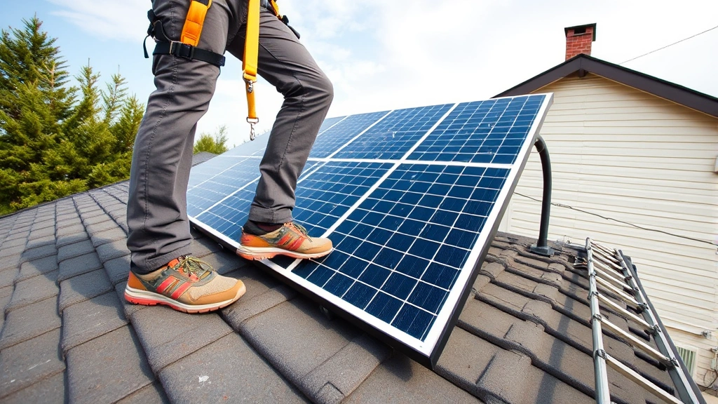 Wide-angle view of a person wearing safety harness and non-slip shoes standing on a residential roof next to solar panels, demonstrating proper safety equipment setup with ladder visible in background