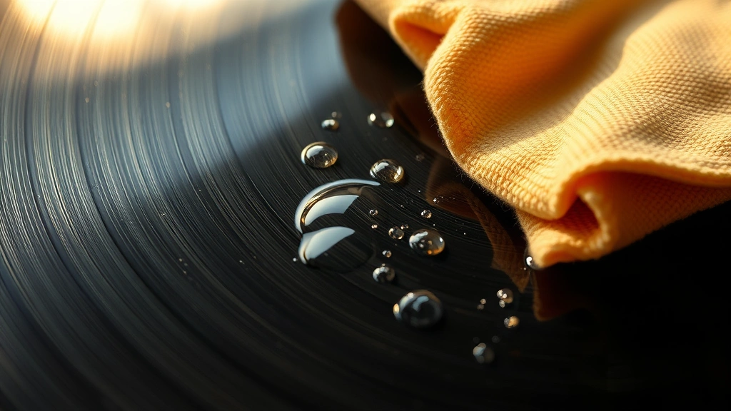 Close-up of vinyl record surface showing detailed groove patterns with water droplets being carefully wiped away by soft lint-free microfiber cloth, warm natural lighting highlighting the grooves