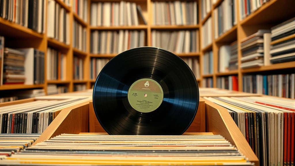 Vinyl record standing vertically in wooden record storage rack drying naturally, surrounded by other records in protective sleeves, warm ambient room lighting, clean organized shelving environment