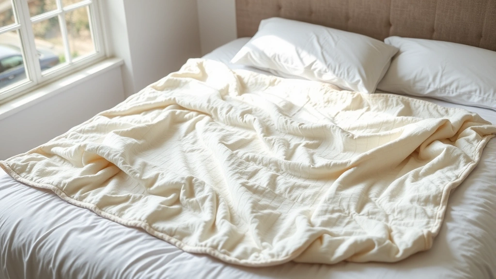 Weighted blanket laid flat on a bed surface with good air circulation, partially dried in natural light from a window, demonstrating proper air-drying setup