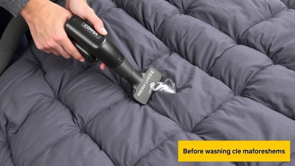 Person using vacuum upholstery attachment on weighted blanket seams and compartments, showing thorough pre-cleaning preparation before washing