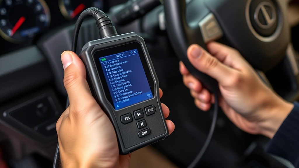 Hands holding an OBD-II diagnostic scanner plugged into the port under a vehicle's steering column, showing code display screen with trouble codes, mechanic workshop background