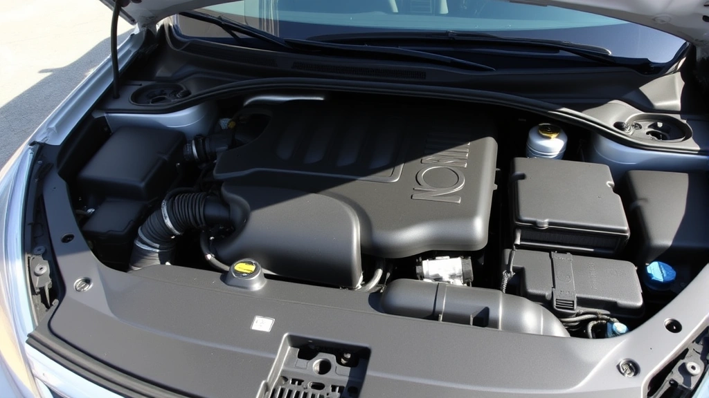 Open car hood showing engine bay with oxygen sensor location highlighted, clean engine compartment with visible sensors and wiring, natural daylight