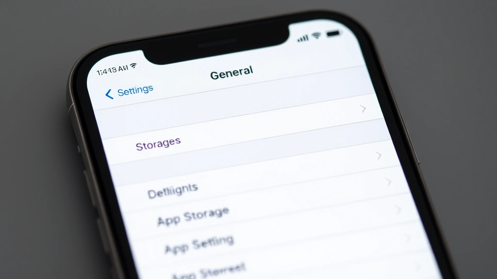 iPhone screen displaying Settings app with General section open showing iPhone Storage options, professional product photography style