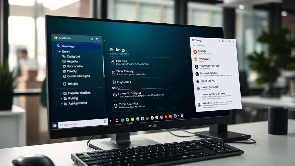 Desktop computer monitor showing Google Chrome browser settings menu with Privacy and Security options visible, modern workspace environment with keyboard visible
